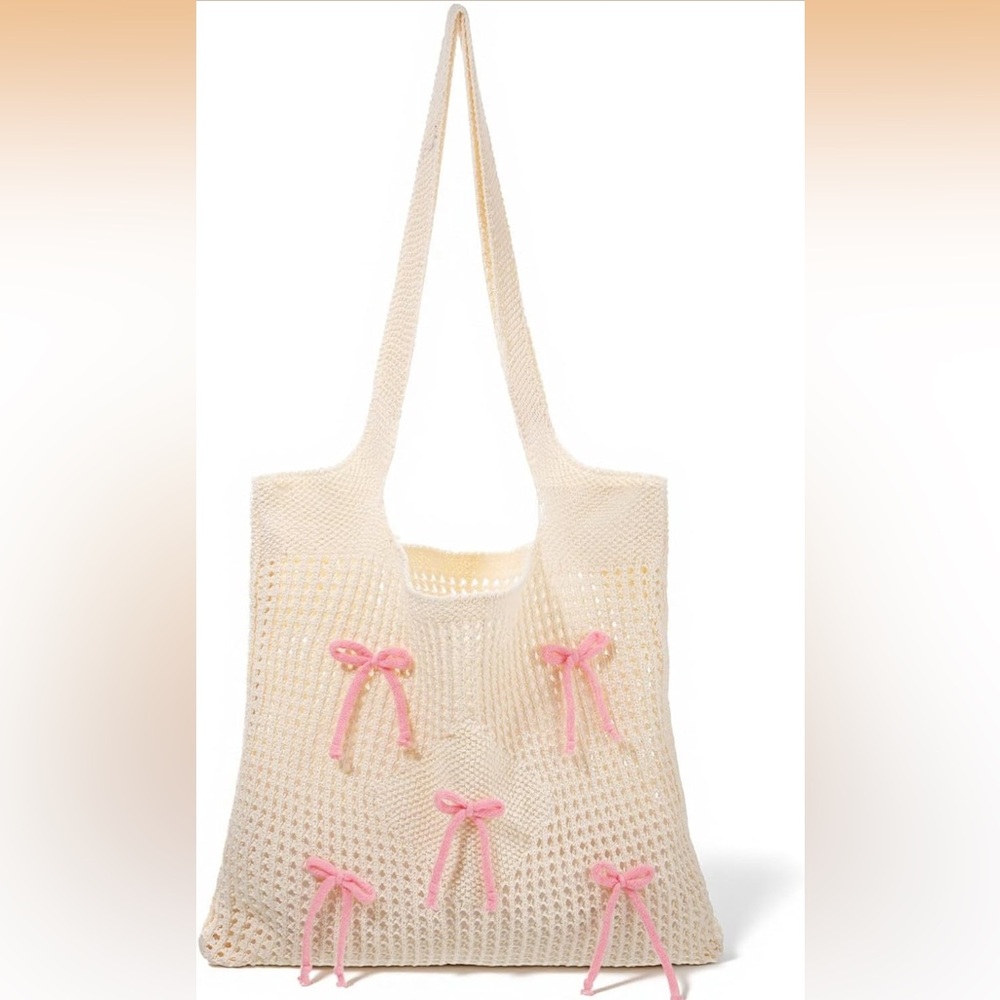 🎀Crochet Knit Tote Bag with Pink Bow Accents